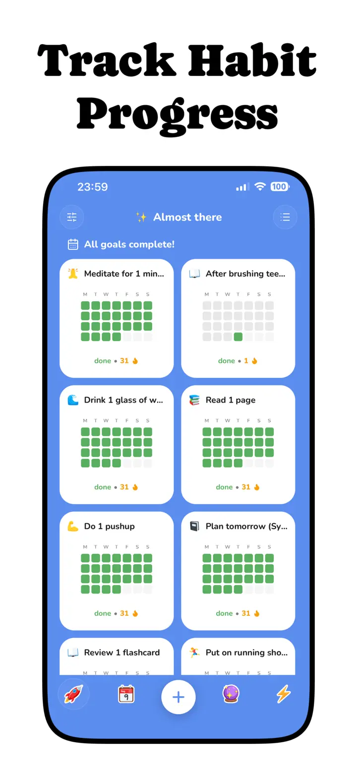 Habit progress grids showing don't-break-the-chain streaks
