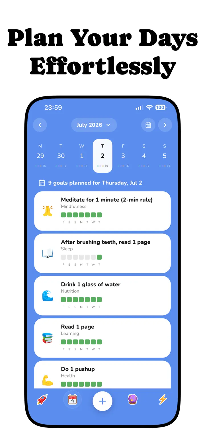 Calendar view for planning daily habits and routines